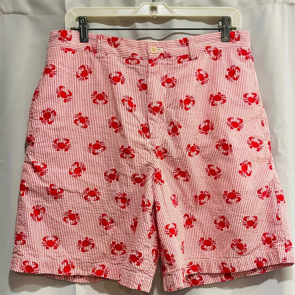 Vineyard Vines Mens 32 Seersucker Shorts Red White Striped Embroidered Crab Prep